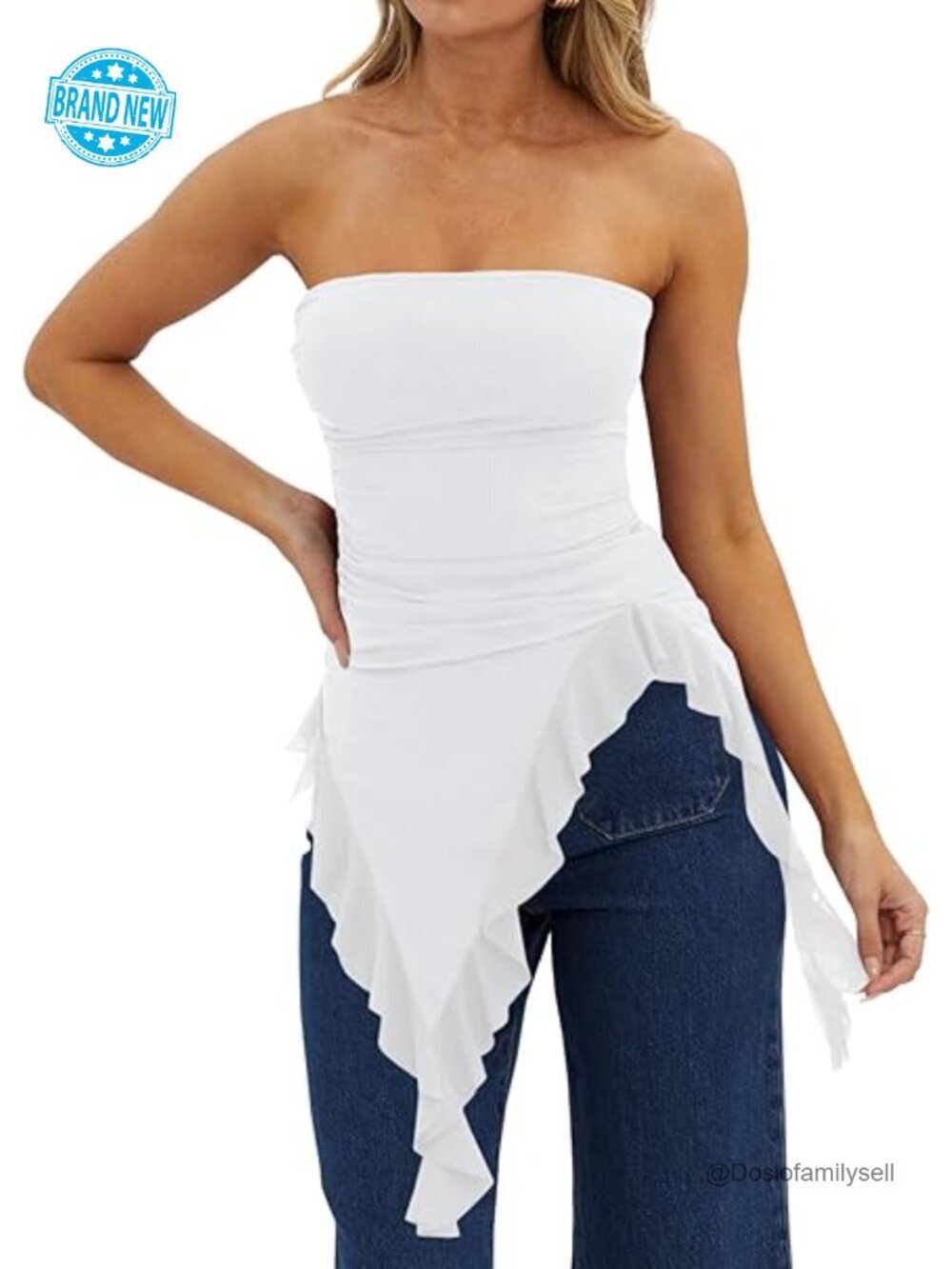 Strapless Asymmetrical Ruffle Mesh Tube Top Ruched Going Out Bandeau Top